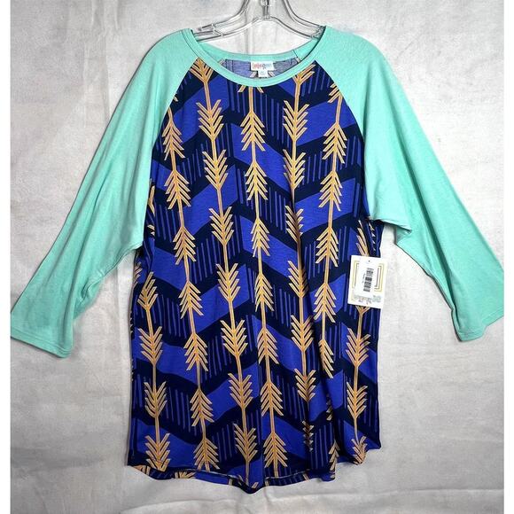 Lularoe Womens XL Arrow Print 3/4 Sleeve Raglan Top Blue Teal Unique Pattern NWT - Picture 2 of 11